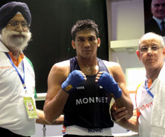 Manoj-Kumar-64kg-with-Coach-Sandhu-R-and-Fernandez-L-after-winning-his-quarter-final-bout