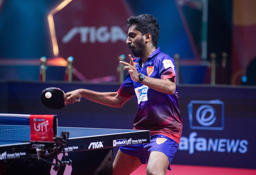 Sathiyan Gnanasekaran of Dabang Delhi TTC in action