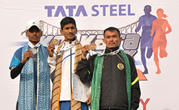 Indian Elite Men winners at Tata Steel Kolkata 25K 2015 Srinu Bugatha Elam Singh O Sanaton Singh