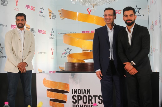 Badminton player Pullela Gopichand Sajiv Goenka Chairman RPS Group and cricketer Virat Kohli at the launch of RP SG Indian Sports Honours