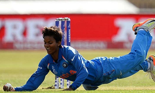 Deepti Sharma of India takes a catch off her own bowling to dismiss Nicole Bolton of Australia during the ICC Women s World Cup 2017 match between Australia and India