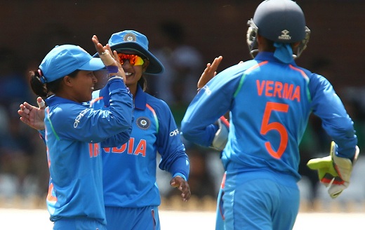 Ekta Bisht of India left celebrates taking the wicket of Sidra Nawaz of Pakistan during the ICC Women s World Cup match between India and Pakistan
