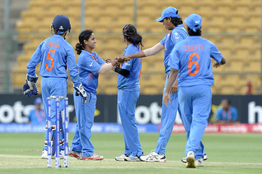 Indian Women team celebrate during the Womens ICC World Twenty20 India 2016 match between India and Bangladesh