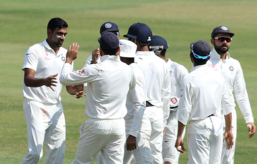 Ravichandran Ashwin celebrates fall of Mushfiqur Rahims wicket