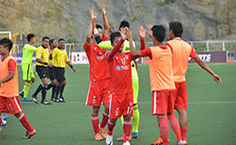 Aizawl FC players celebrate after scoring a goal against Bengaluru FC in their last round
