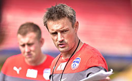 Bengaluru FC Head Coach Ashley Westwood hands out instructions in training at the Bangalore Football Stadium