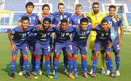 Bengaluru FC players line up ahead of their AFC Cup clash against Ayeyawady FC at the Youth Training Center in Yangon