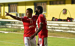 Bengaluru FC skipper Sunil Chhetri celebrates with CK Vineeth following the latters goal against Salgaocar