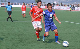 Bengaluru FC skipper Sunil Chhetri in action against Aizawl FC at the Rajiv Gandhi Stadium in Aizawl