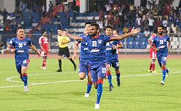 Bengaluru FCs CK Vineeth celebrates after scoring the opener against Shillong Lajong at the Kanteerava Stadium