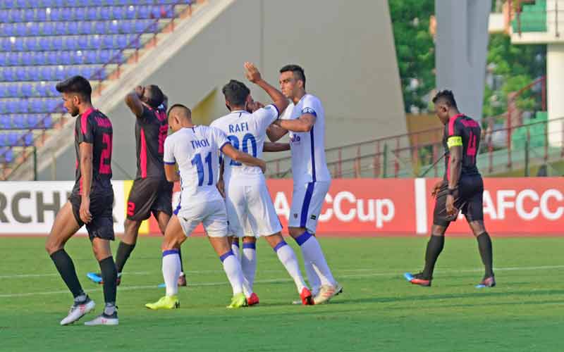 Chennaiyin FCs Mohammed Rafi celebrates his goal with Mailson Alves and Thoi Singh vs Minerva Punjab in the 2019 AFC Cup at Guwahati