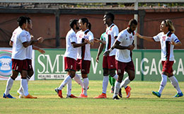 Mohun Bagan Players celebrate a goal against Salgaocar SC in their first round match