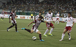 Mohun Bagans Katsumi Yusa lines up for a shot against Shillong Lajong