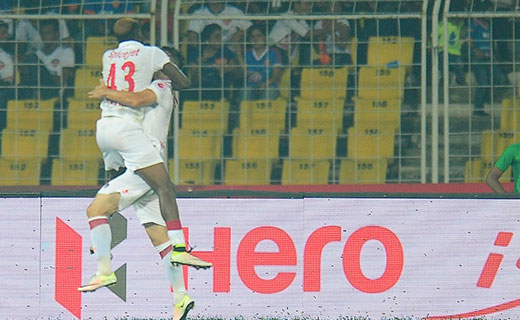 Richard Gadze of Delhi Dynamos FC celebrates the goal