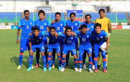 The Indian Starting XI pose prior to the kick off against Chinese Taipei
