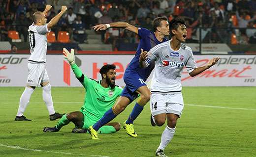 FC Pune Citys Eugeneson Lyngdoh celebrates after scoring the winner against Mumbai City