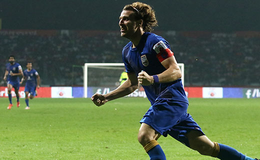 Mumbai City FC captain Diego Forlan celebrates after scoring the winning goal