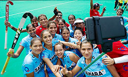 India Women Team celebrates at the FINTRO Hockey World League Semi Final 2015 in Antwerp Belgium 1