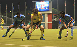 Indian players in Action against Australia in the 5th Sultan of Johor Cup