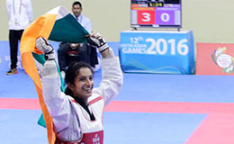 Margerita Reg after defeating Nepal in the under 62 Kgs Category in 12th South Asian Games