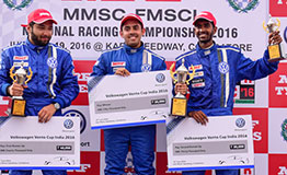 Karminder Pal Singh Ishaan Doodhiwala and Aditya Pawar on podium Volkswagen Vento Cup 2016