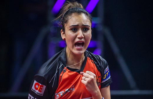 Manika Batra of Oilmax Stag Yoddhas during the Tie 5 match of the CEAT Ultimate Table Tennis
