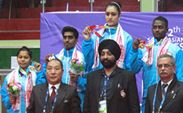 Mouma Das and G Sathiyan with Manika Batra and Anthony with medals in 12th South Asian Games