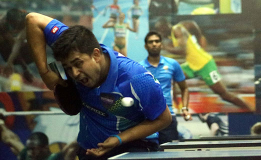 Soumyajit Ghosh in action during practice session for upcoming 2017 ITTF World Tour India Open