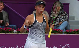 Latvian Jelena Ostapenko celebrates her victory against Chinese Saisai Zheng during their WTA Qatar Total Open quarterfinals