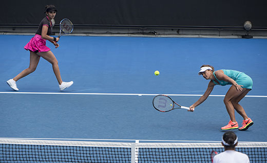 Sania Mirza and Barbora Strycova of the Czech Republic compete during the womens doubles second round match